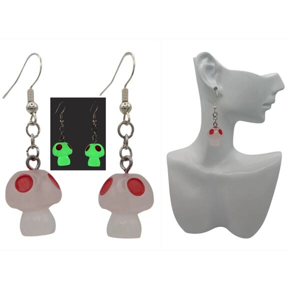 Red Glow in the Dark Mushroom Earrings Resin Dangle Earrings Gift for Her - Picture 1 of 1